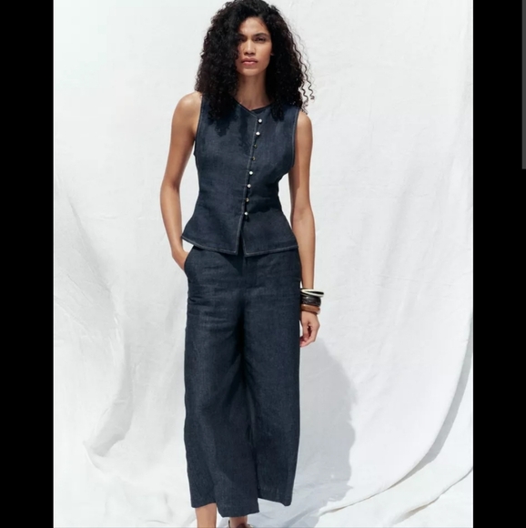 Zara Pants - Zara Navy Blue Linen Bkend Buttoned Up Vest